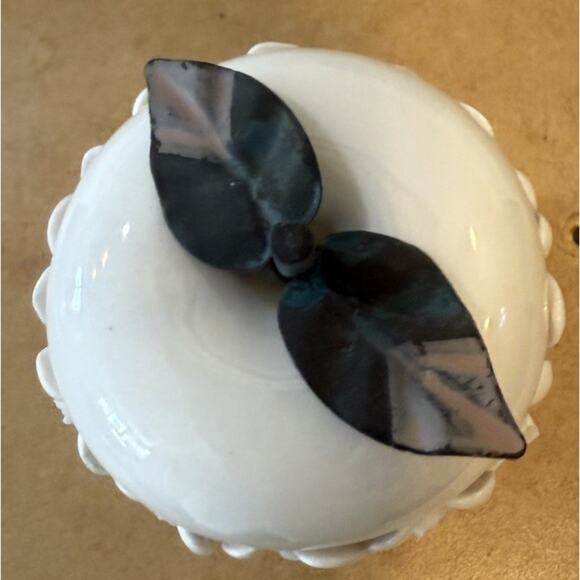 Vintage White Ceramic Apple Figurine w/ Floral Trim & Metal Leaves - Picture 3 of 4